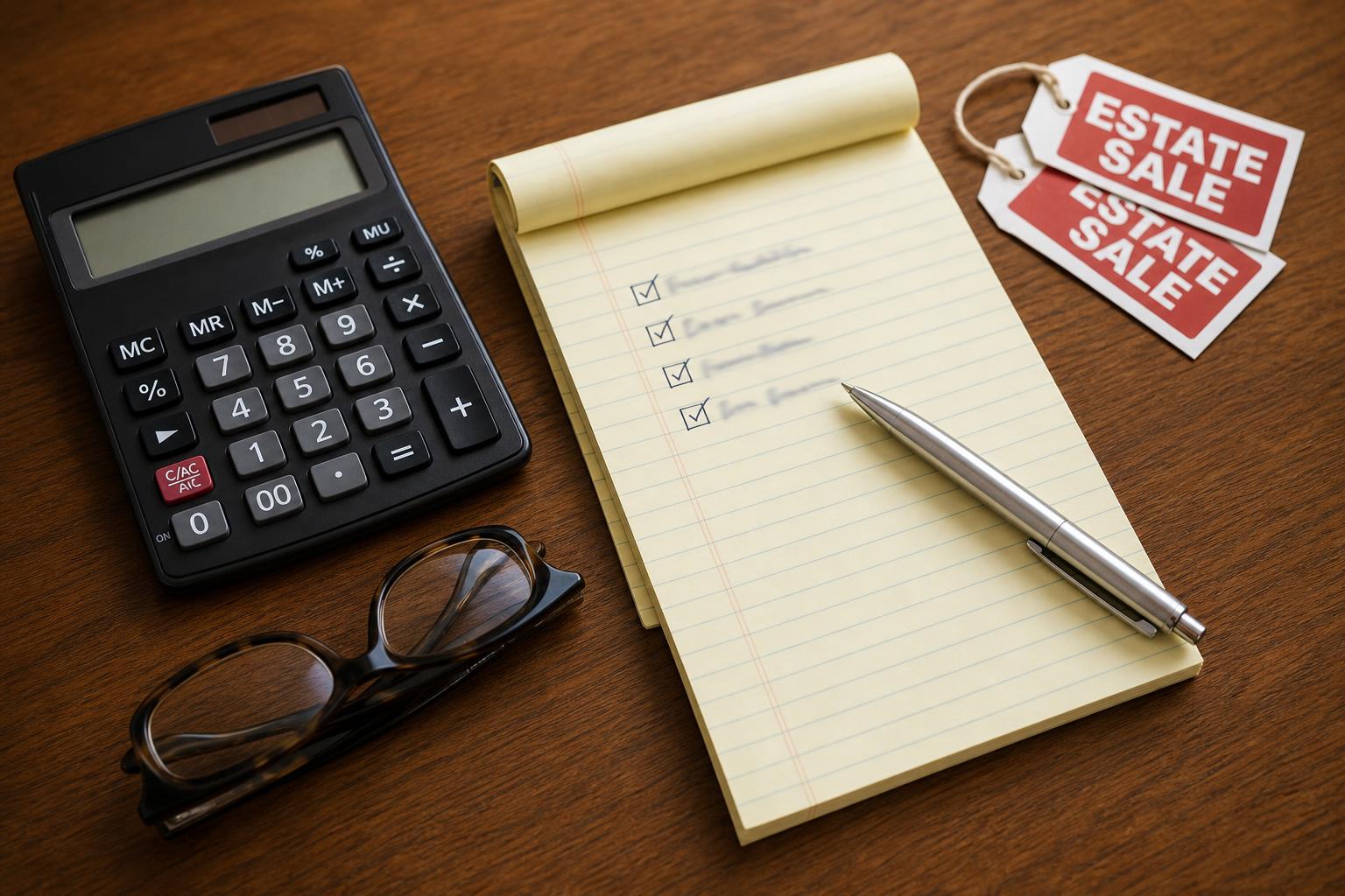 An overhead flat-lay of a notepad checklist, pen, calculator, glasses and estate sale price tags on a wooden table