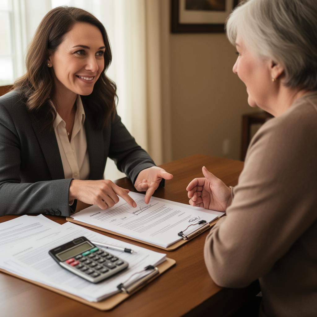 An estate sale professional walking a homeowner through a contract line by line at a table with a calculator and paperwork