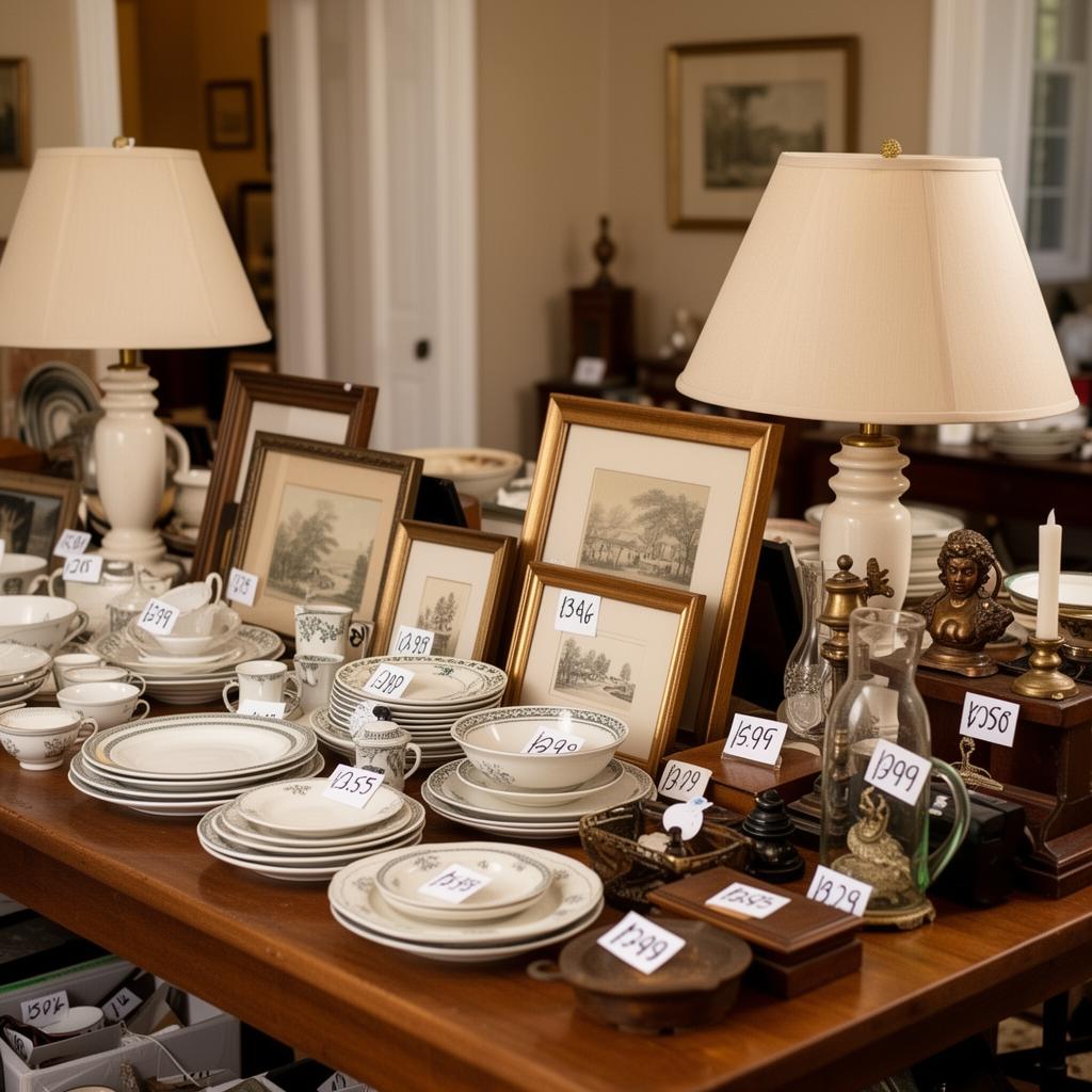 A beautifully staged estate sale with organized tables of vintage dishware, lamps, framed art and handwritten price tags