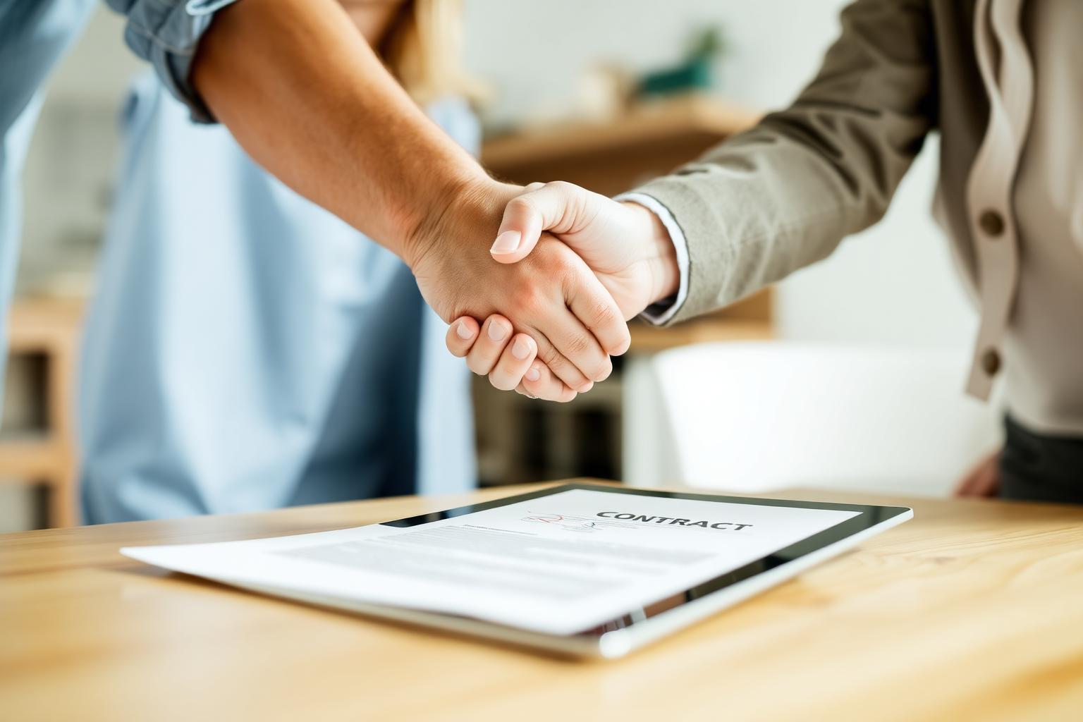 Two people shaking hands over a signed contract and a tablet showing a digital signature