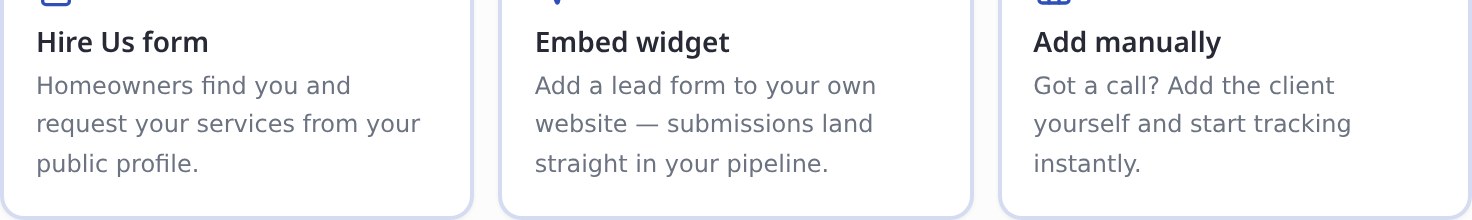 The three ways leads enter the EstateSaleFinder CRM — your public Hire Us form, an embeddable website widget, and manual entry
