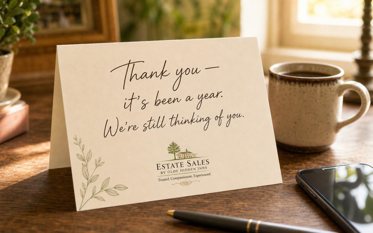 A branded one-year thank-you note reading "Thank you — it's been a year. We're still thinking of you." standing on a desk beside a coffee mug and phone
