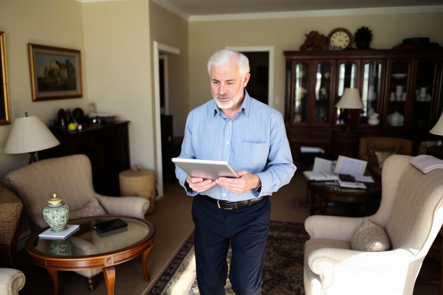 An estate sale appraiser walking through a furnished home with a tablet, taking notes during a pre-sale walkthrough
