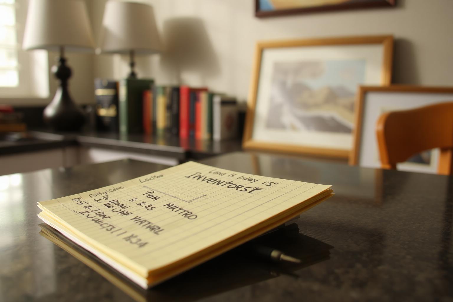 A handwritten inventory list on legal pad paper on a kitchen counter, with a few items visible behind it — a lamp, some books, framed art leaning against a wall.