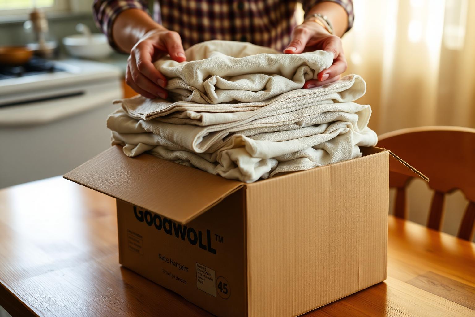 A stack of neatly folded vintage linens and a few small ceramic items being placed into a cardboard Goodwill box on a kitchen table.