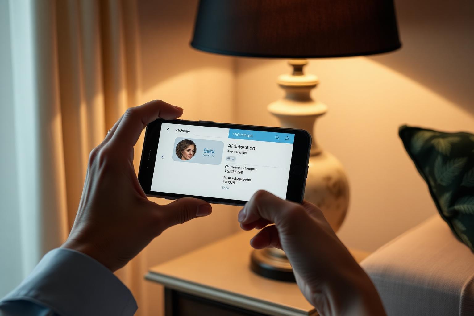 Someone holding a phone over a vintage ceramic lamp on a side table, the phone screen showing an Ai identification result.