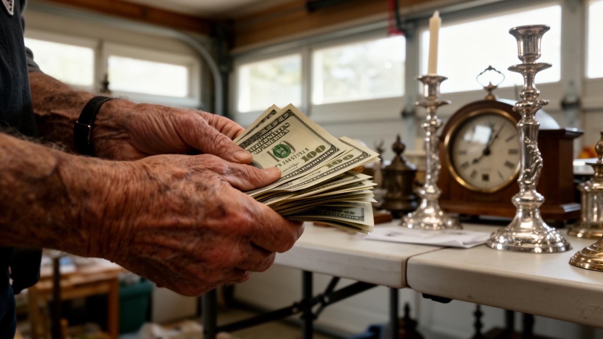 Weathered hands counting a stack of $100 bills over a folding table at an estate sale, silver candlesticks and a vintage clock behind.