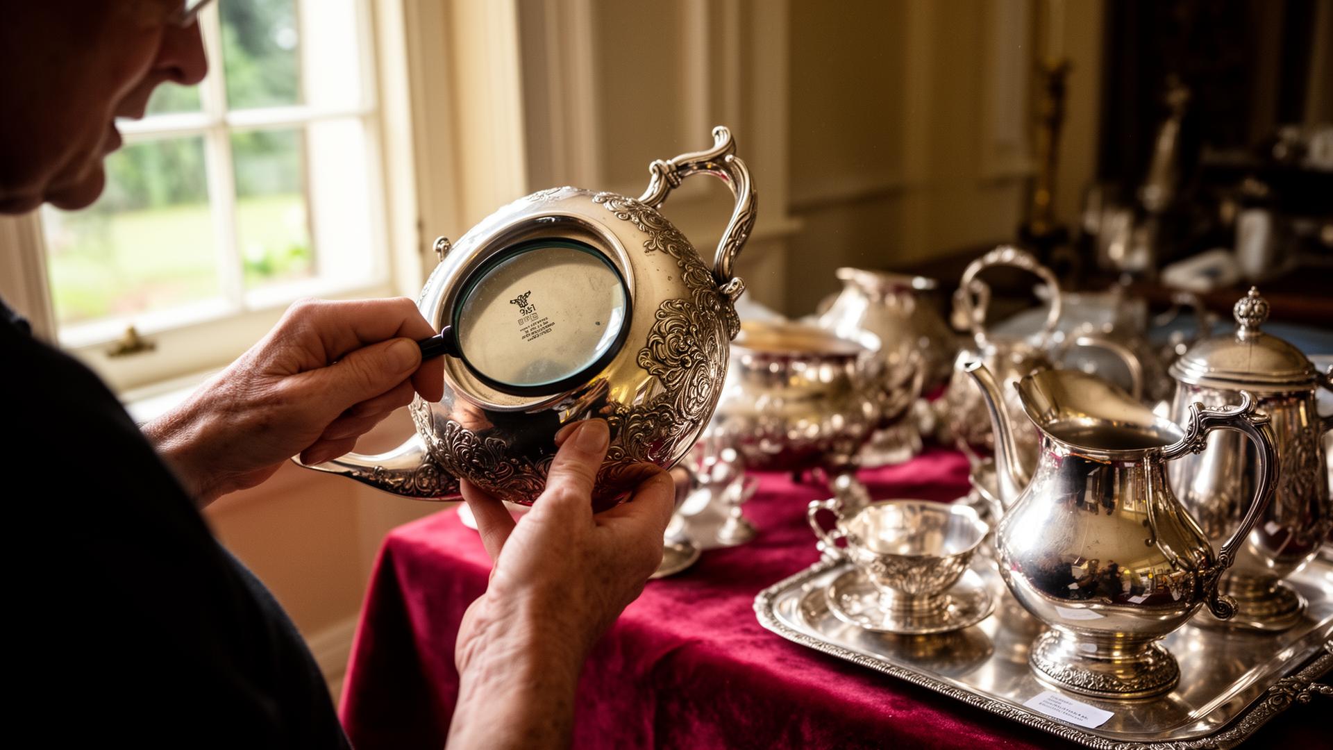 A buyer holding a magnifying glass to the underside of an ornate silver teapot, reading the hallmark, with a velvet-draped table of silver pieces beside them.