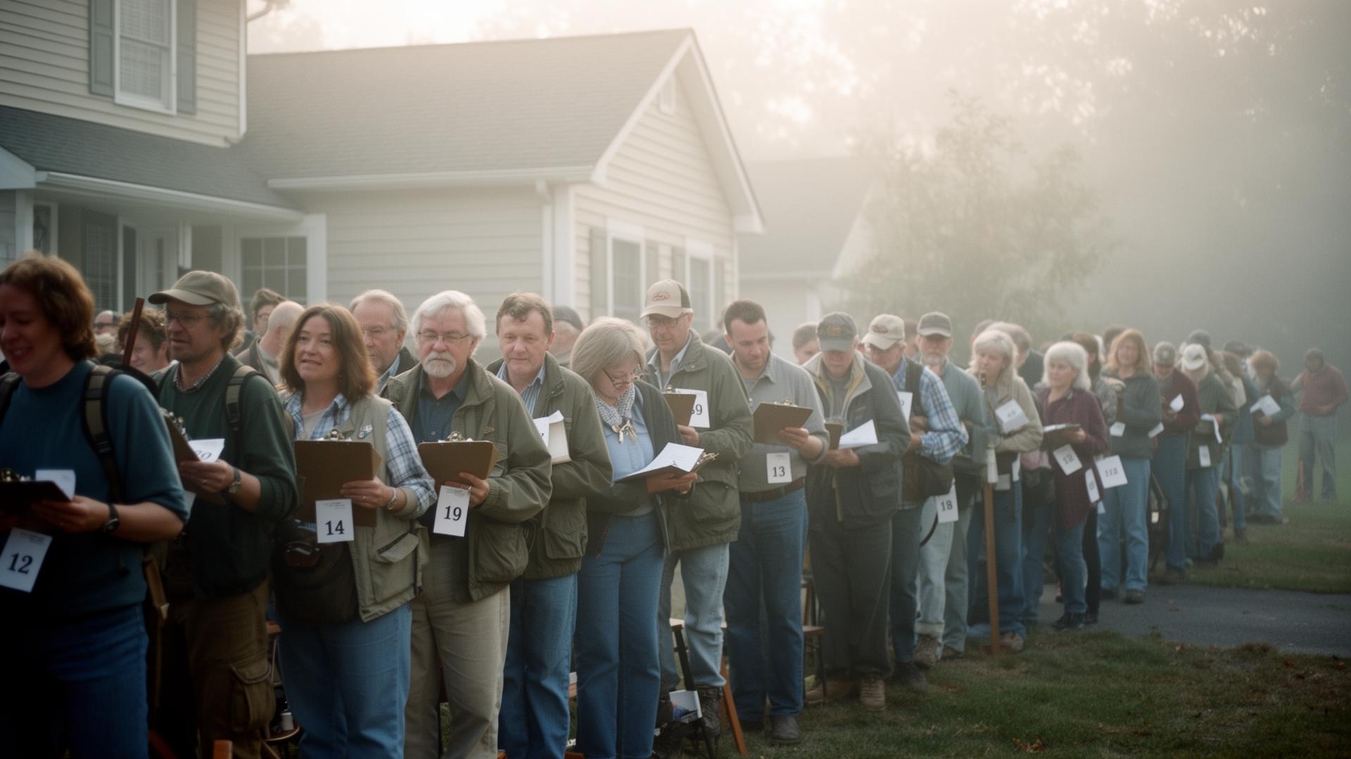 A long line of treasure hunters waiting outside a suburban home in early morning fog, holding clipboards and numbered slips for an estate sale.