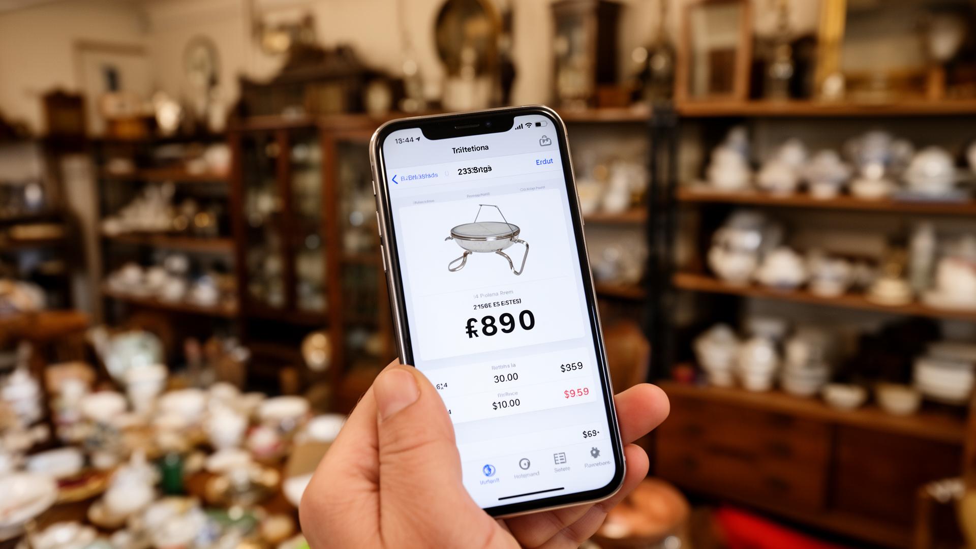 A close-up of a smartphone held inside an antique store, showing a price-check app screen on a silver item, with shelves of antiques blurred behind.