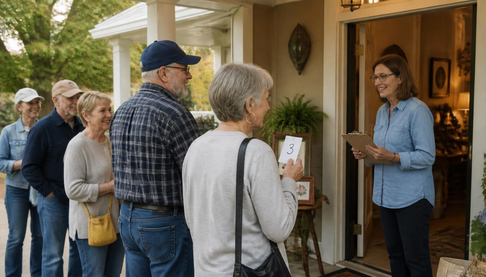 First-time shoppers greeting staff at an estate sale front door, one holding a numbered ticket