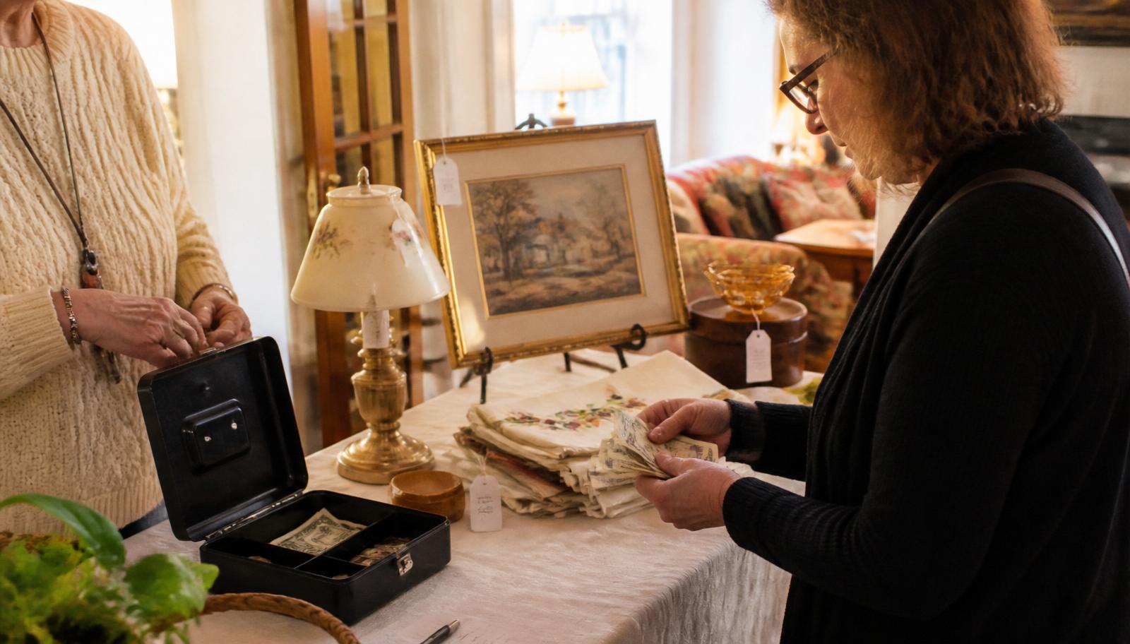 Estate sale checkout table with a cash box, framed art, and a shopper counting bills