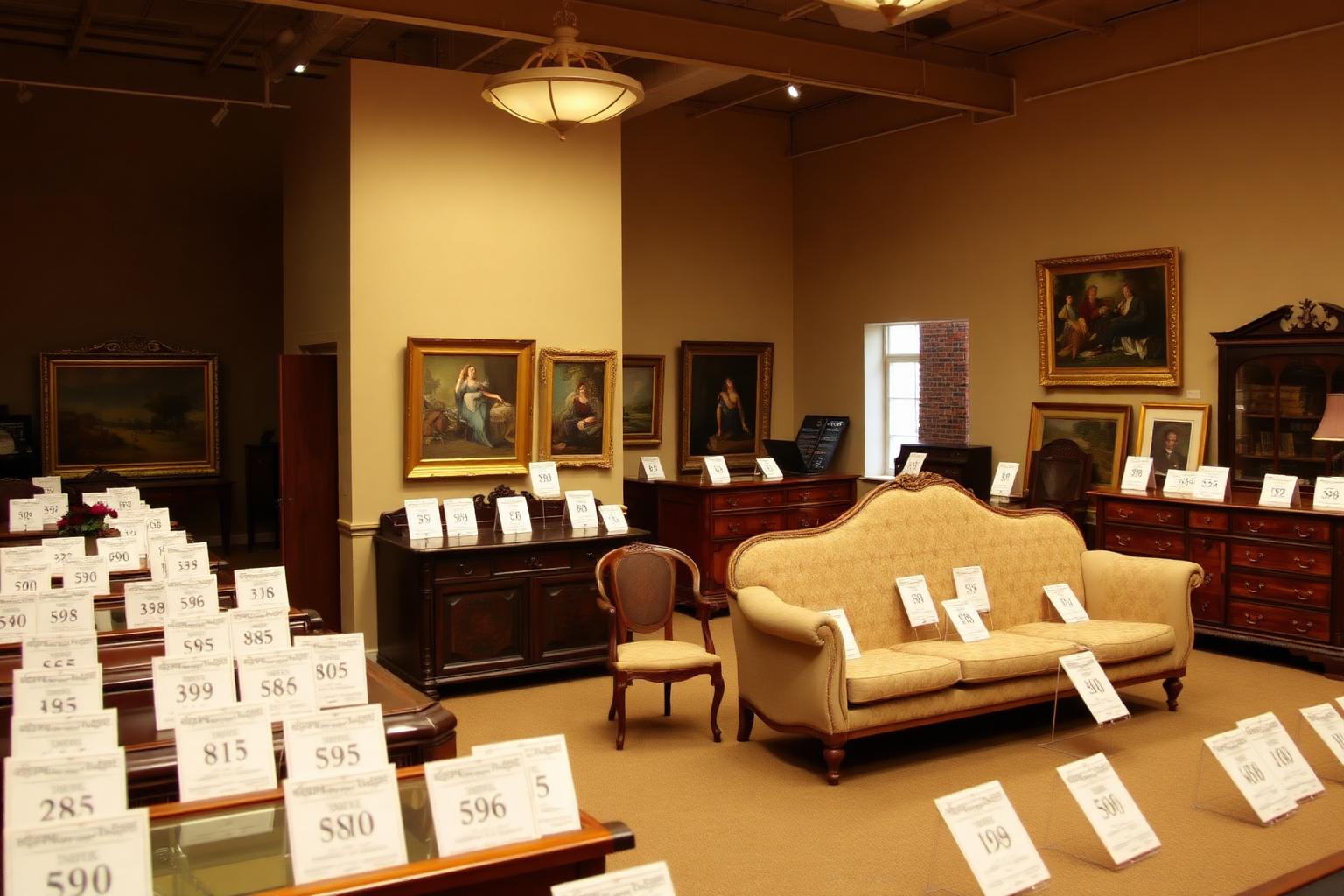 An auction preview room with numbered lot cards on antique furniture and framed artwork arranged for inspection. A well-lit gallery-style space with warm overhead lighting.