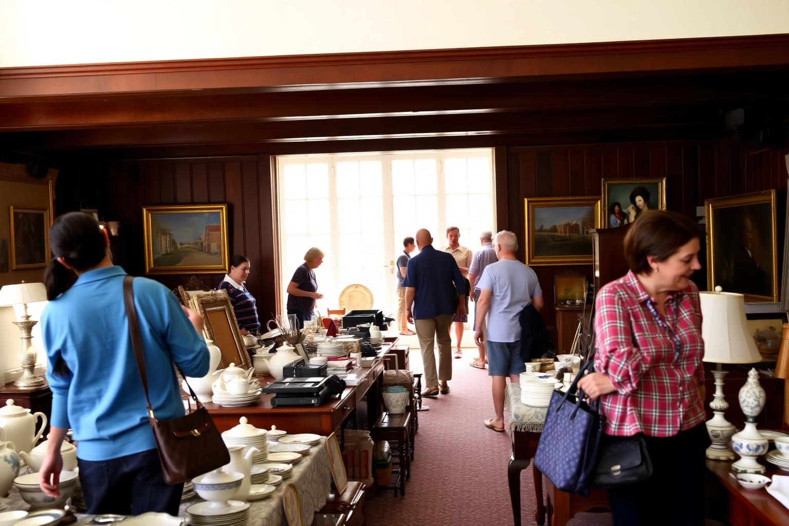 Shoppers browsing a well-organized estate sale inside a traditional American home — people moving between tables of kitchenware, artwork, and furniture. Warm daylight, slight morning haze.