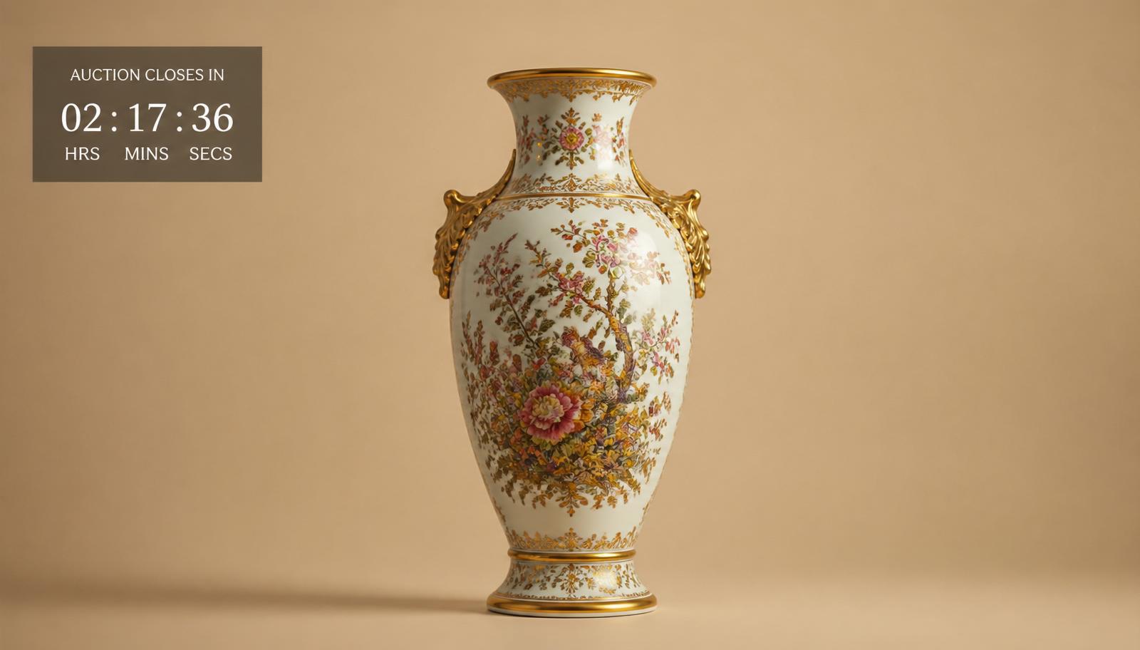 A single ornate porcelain vase photographed alone on a plain backdrop with an "auction closes in" countdown timer — the online auction model.