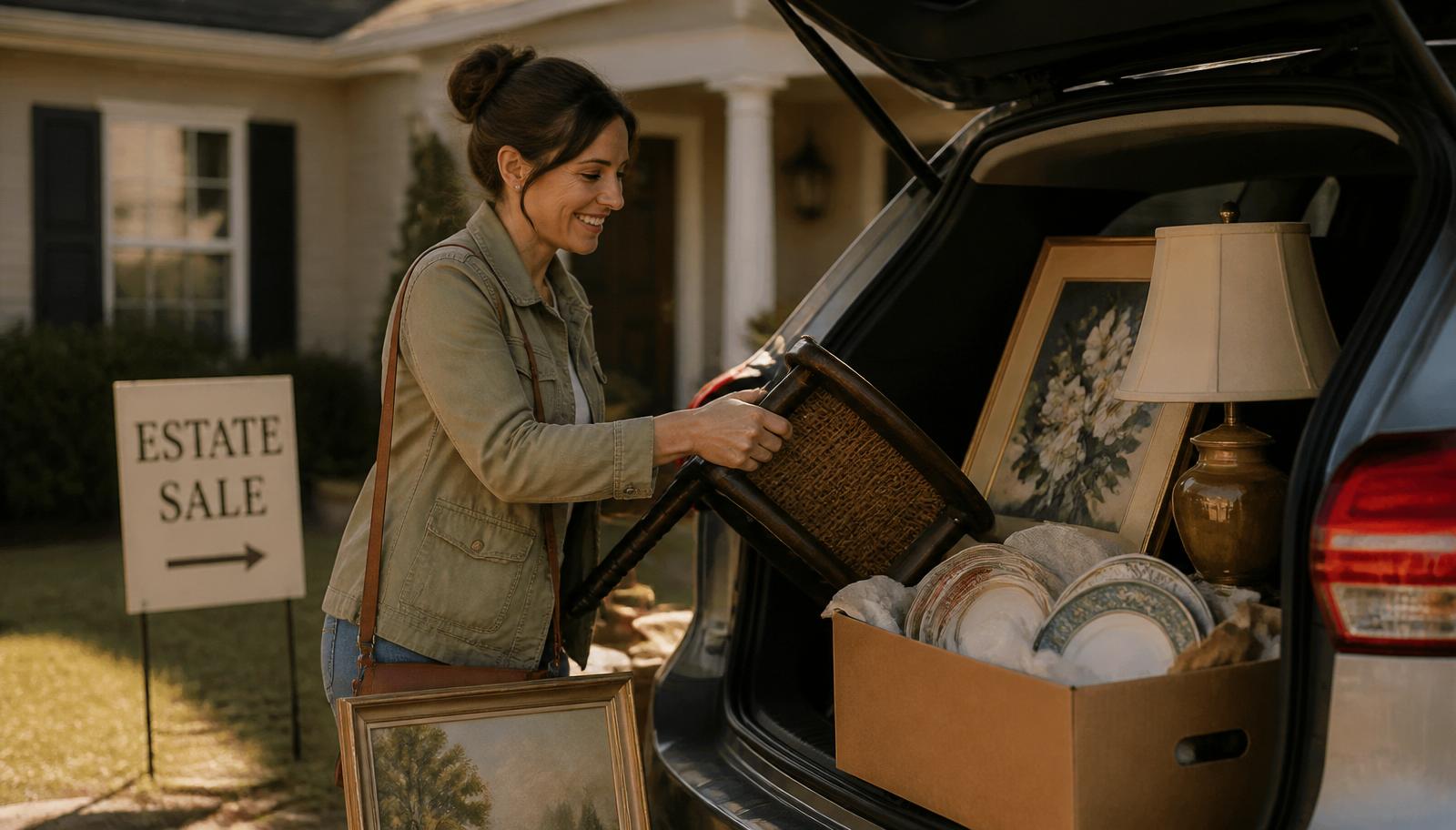 A happy buyer loading a car trunk with a lamp, framed art, a box of dishes, and a chair — one pickup that turned into several purchases.