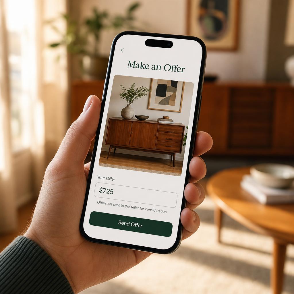 A hand holding a phone showing a clean "Make an Offer" screen on a mid-century credenza. No price is listed; the buyer has entered an offer of $725.