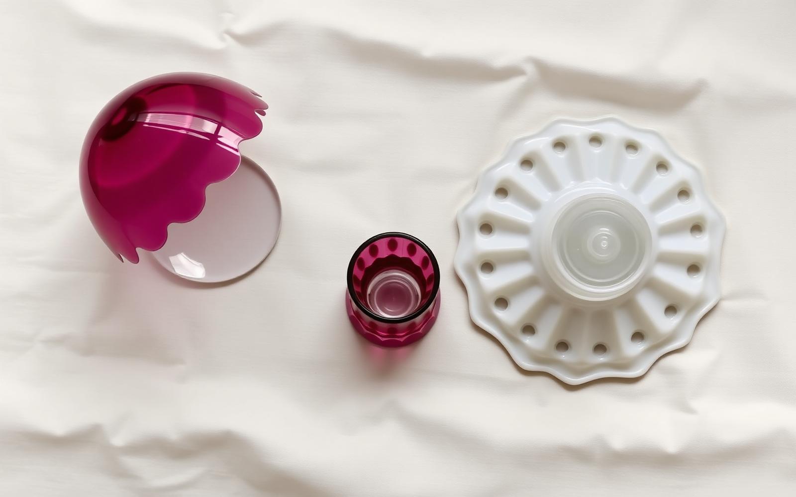 The three parts of a fairy lamp laid out — dome shade, candle cup, saucer base — in cranberry glass and milk glass