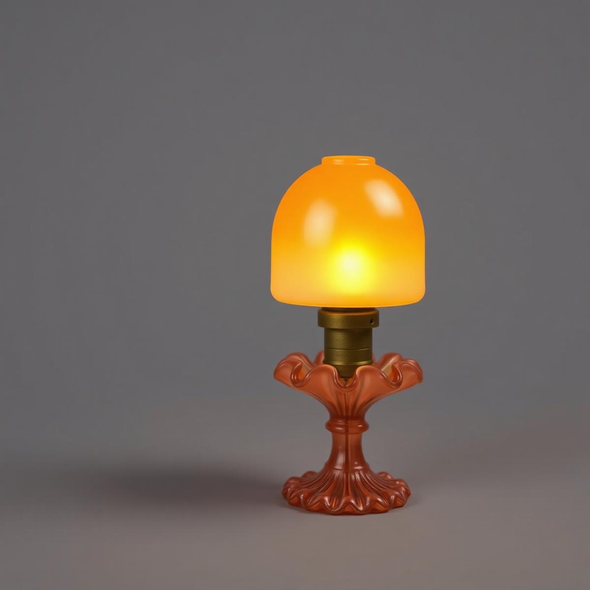 A single Webb-style Burmese fairy lamp glowing softly — the classic peach-to-butter-yellow gradient satin finish