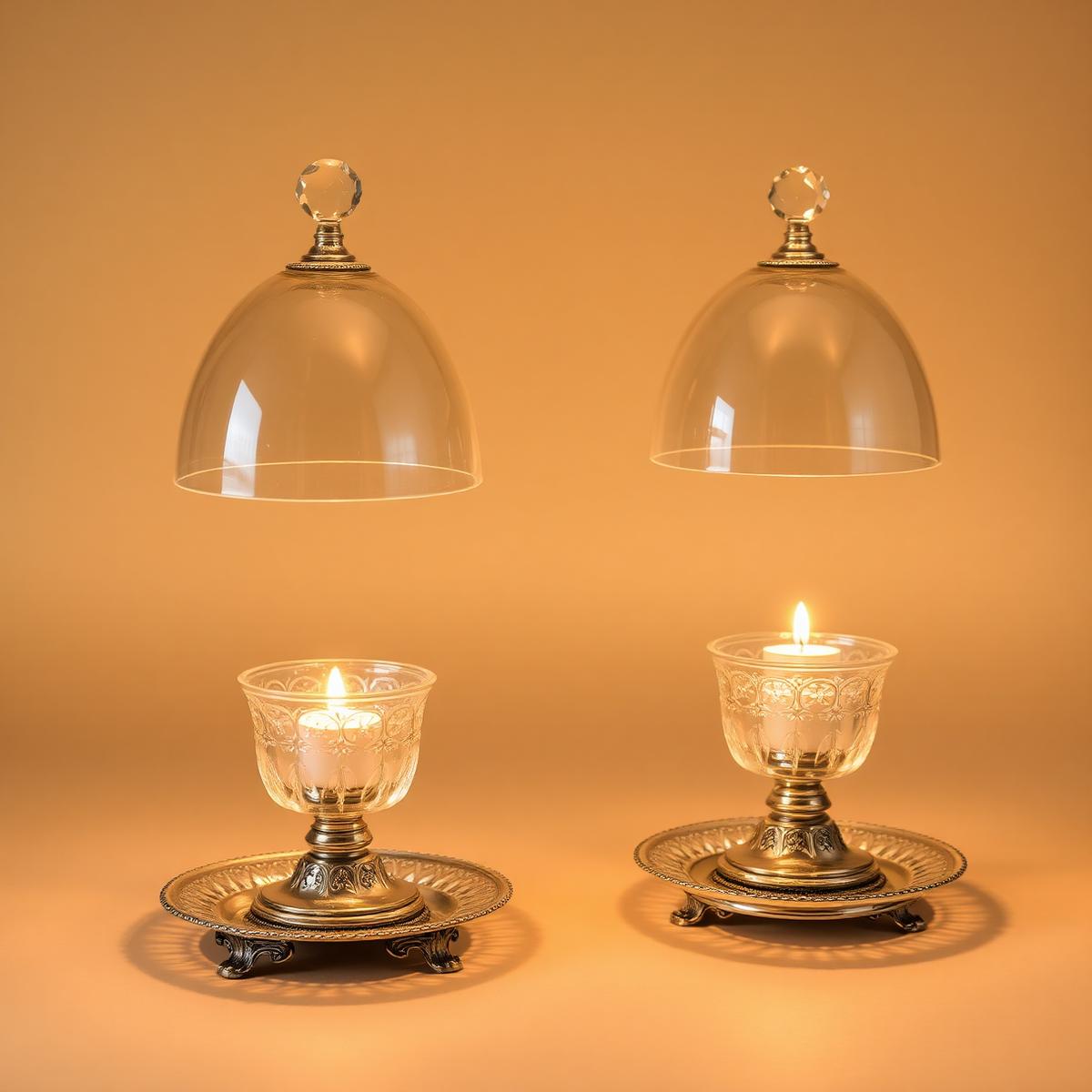 A pair of Clarke's Cricklite fairy lamps — clear crystal domes over signed cups on ornate silverplate stands with cut-glass saucers