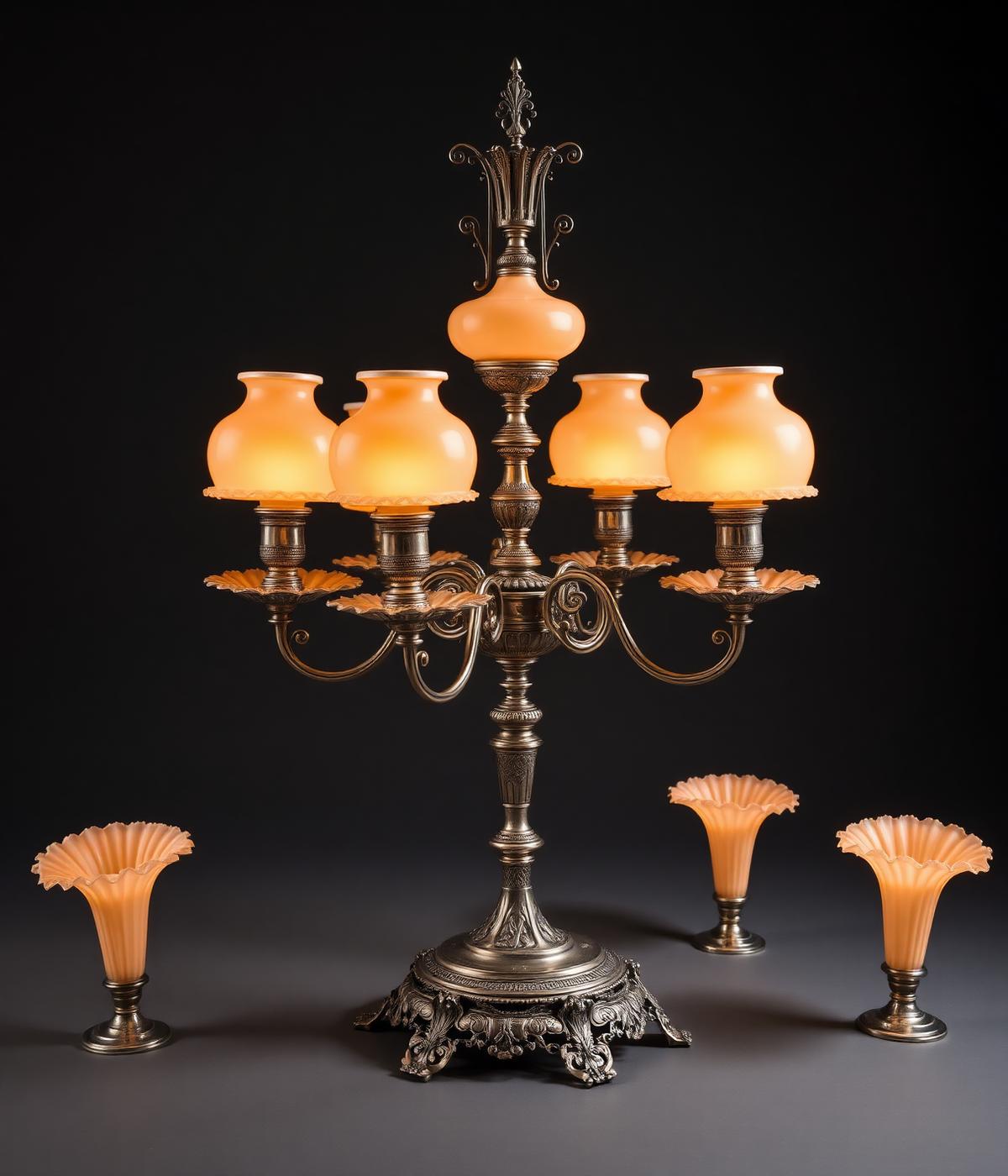 A grand Webb Burmese epergne — silverplate frame supporting multiple Burmese fairy lamp shades and matching trumpet vases