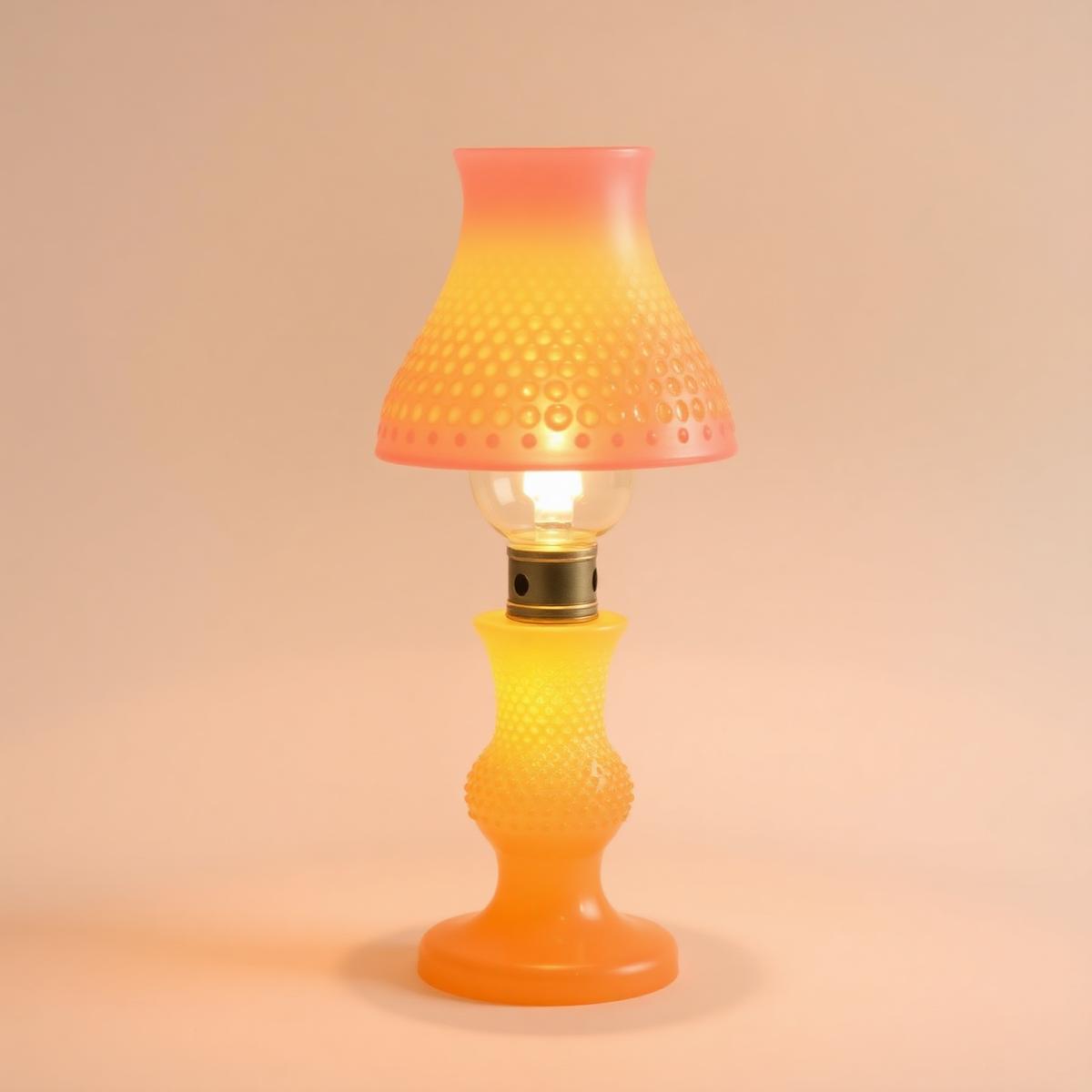 A vintage Fenton hobnail Burmese fairy lamp with the signature bumpy hobnail texture