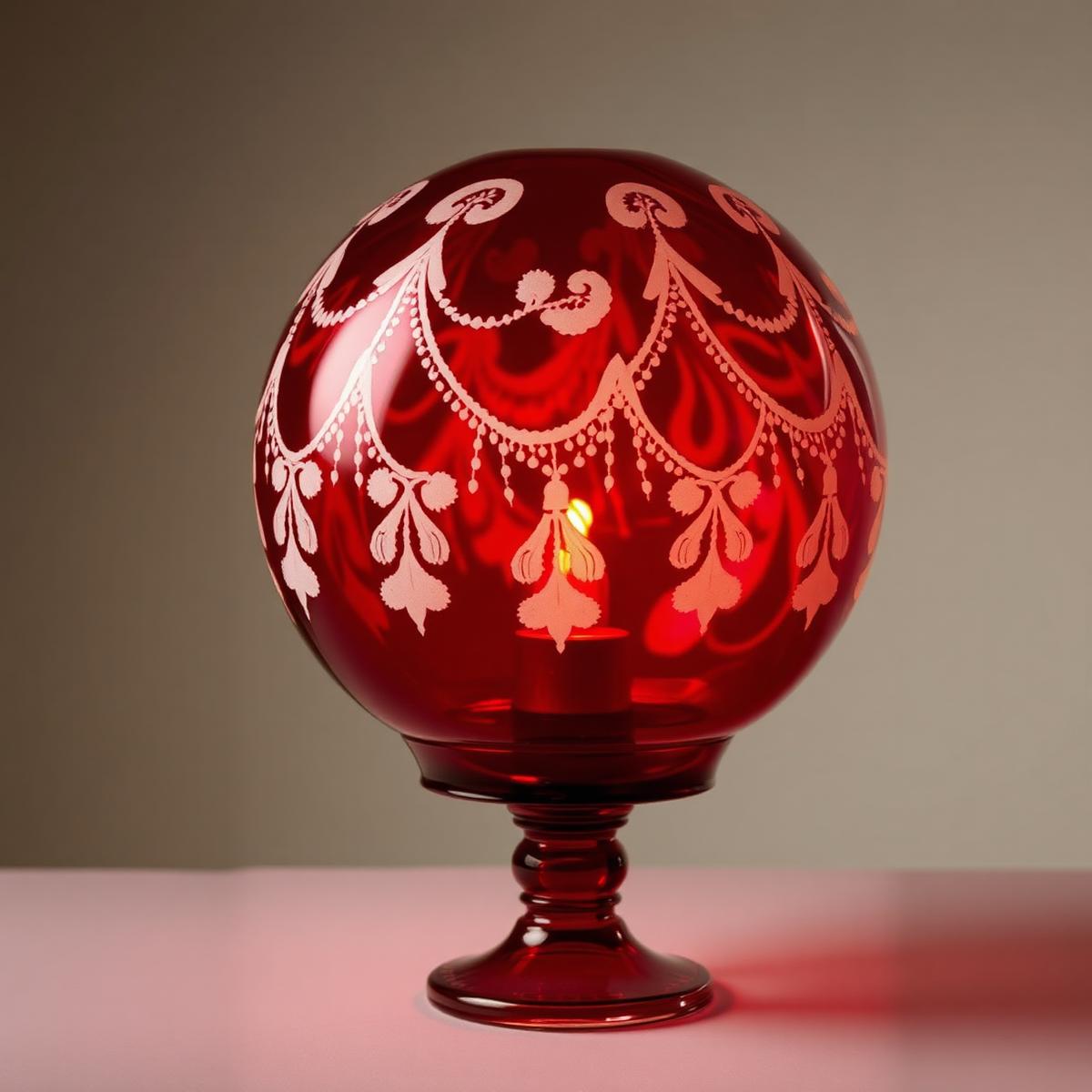 A Victorian Nailsea fairy lamp: cranberry glass with distinctive white looped trailings across the surface