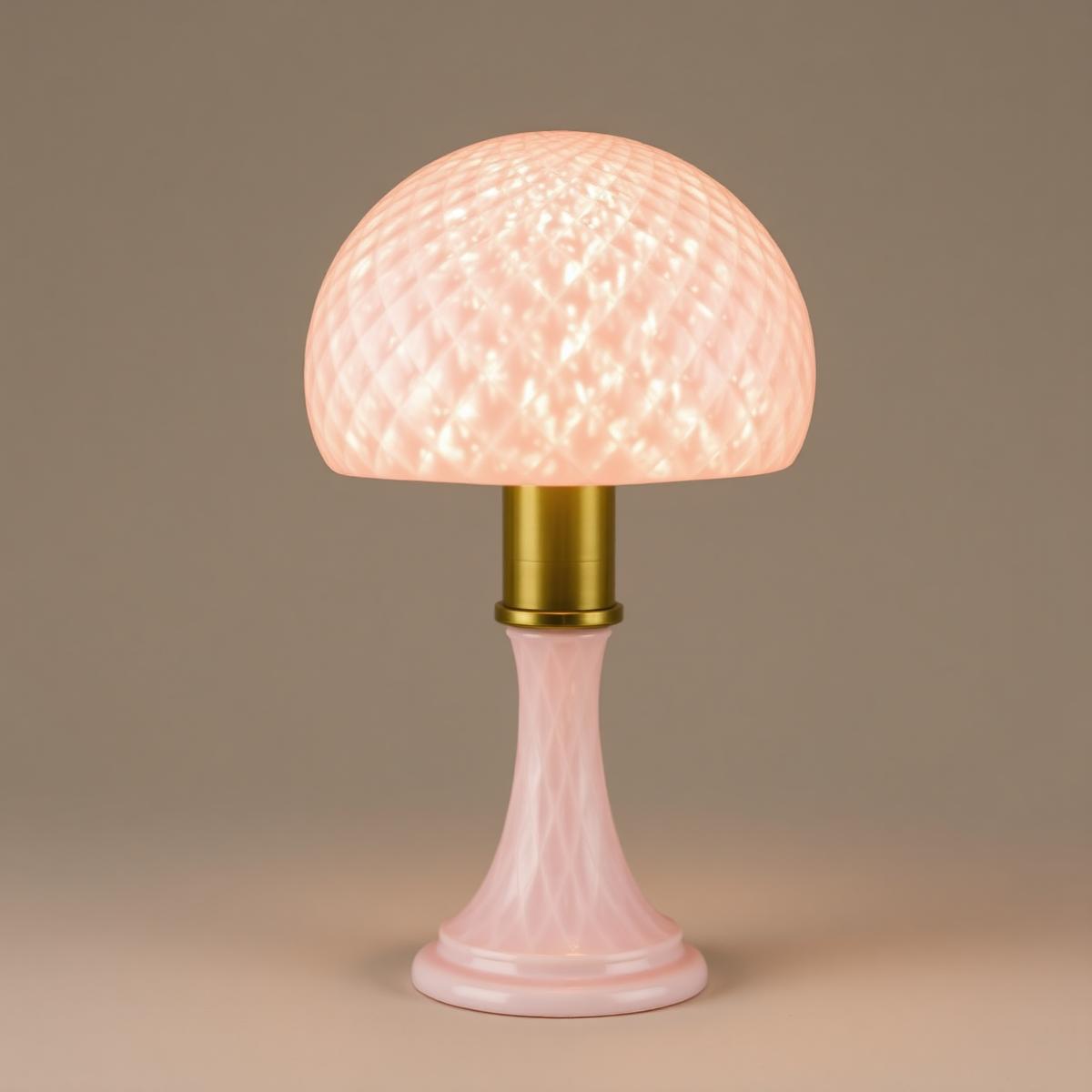 A pink satin mother-of-pearl fairy lamp with diamond-quilted pattern — the shimmering pearlescent finish clearly visible