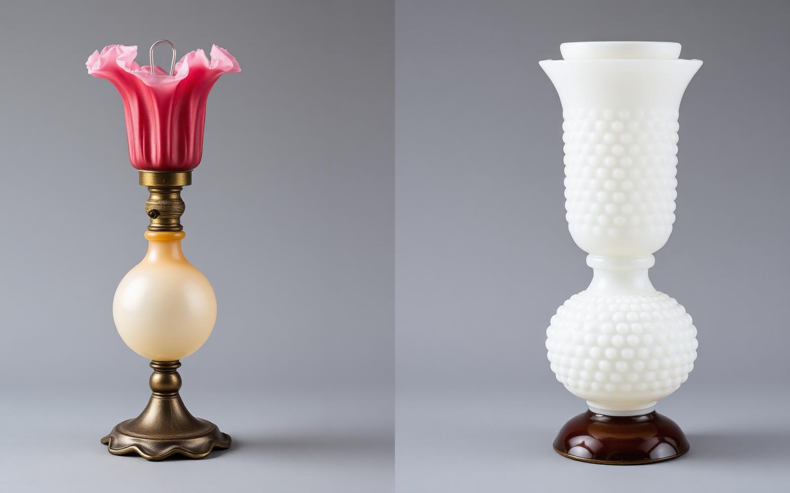 Side by side comparison: a Victorian antique fairy lamp in satin cranberry on the left, a Fenton hobnail milk glass fairy lamp on the right