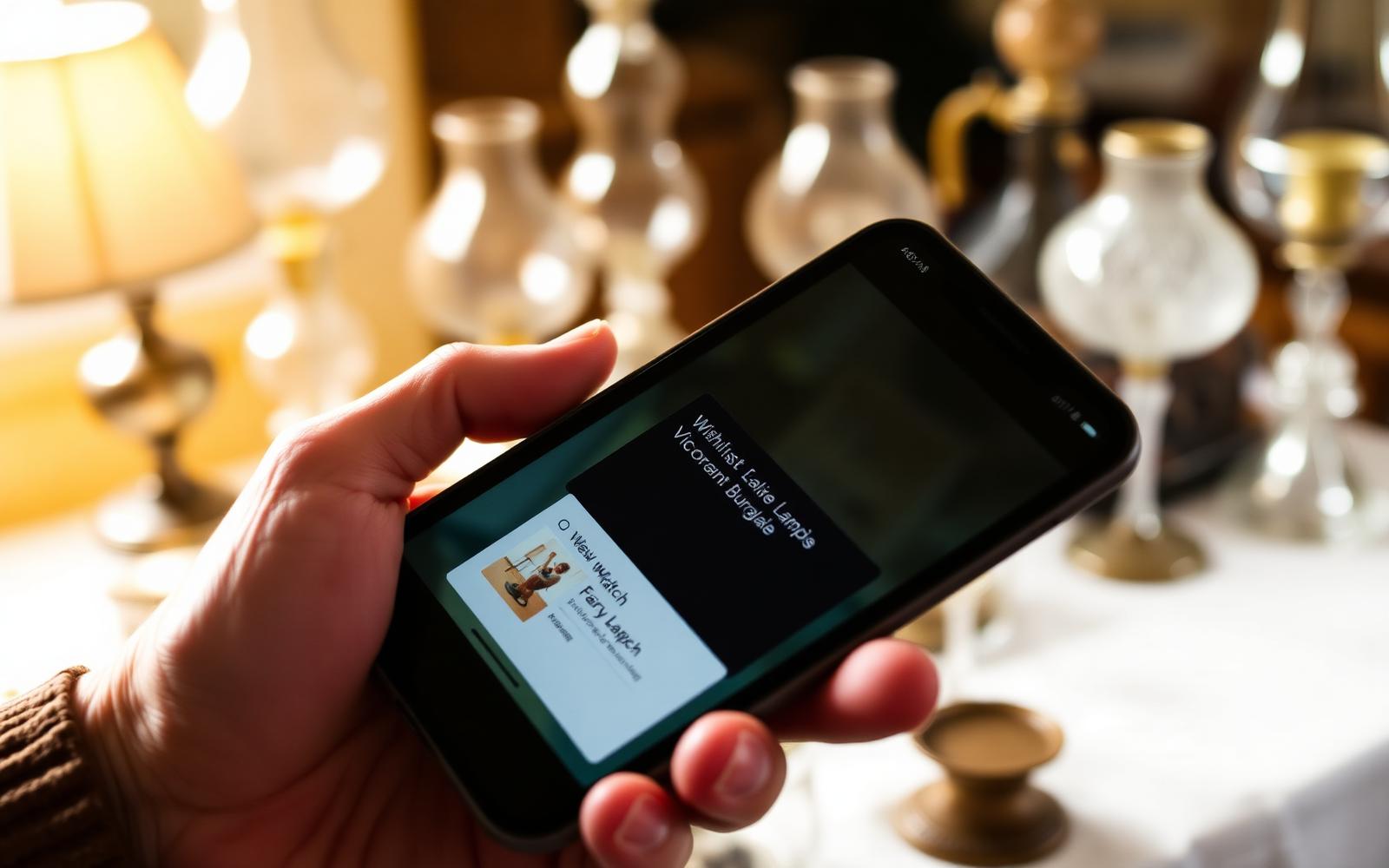 A hand holding an iPhone at an estate sale with a wishlist notification alert for a Victorian Burmese fairy lamp