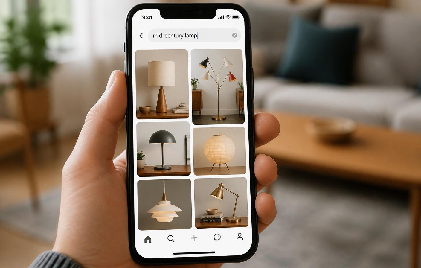 A shopper searching "mid-century lamp" and instantly seeing matching items for sale nearby.