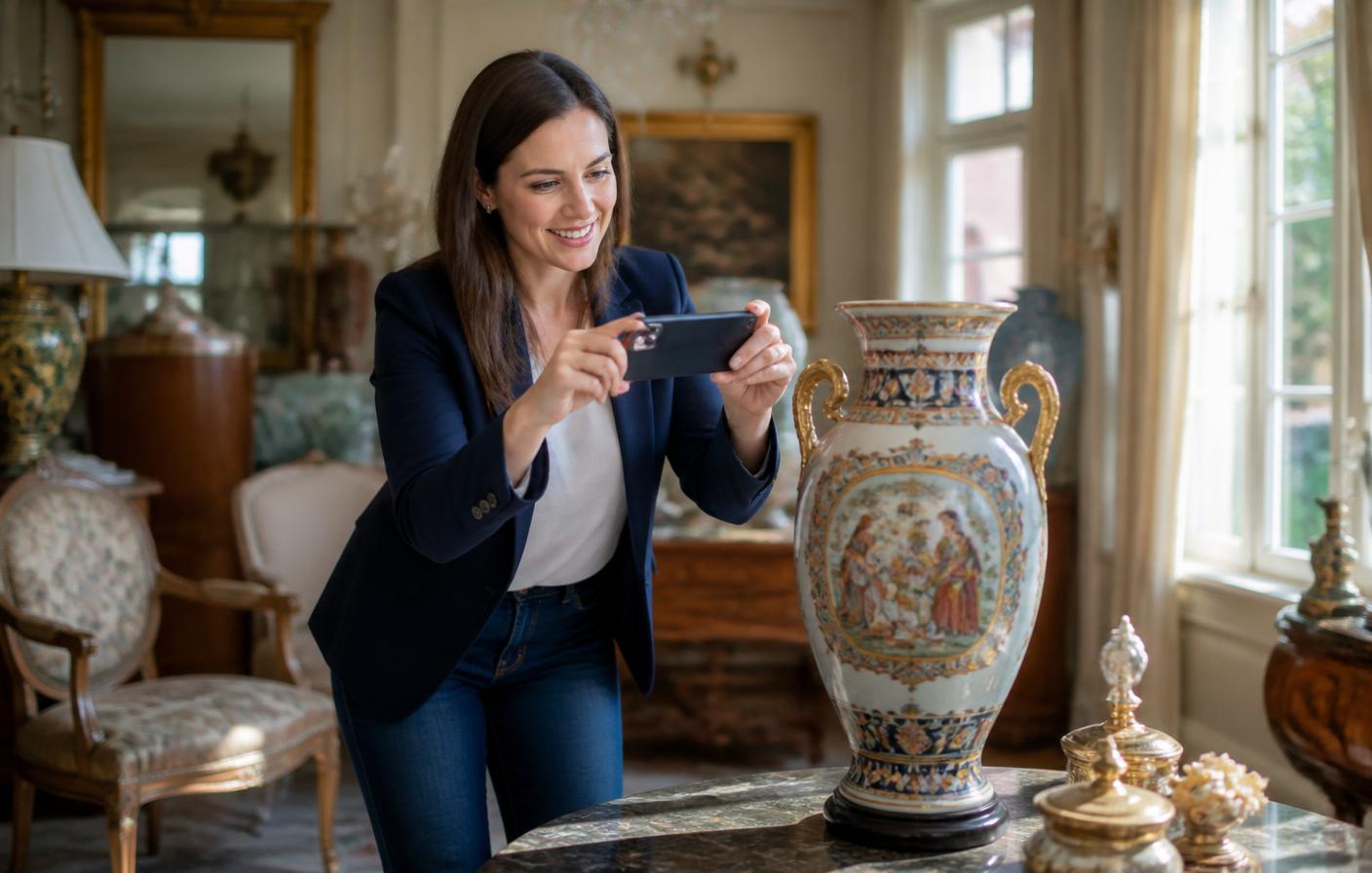 An estate sale company owner photographing a beautiful antique — every item she lists becomes searchable to buyers everywhere.