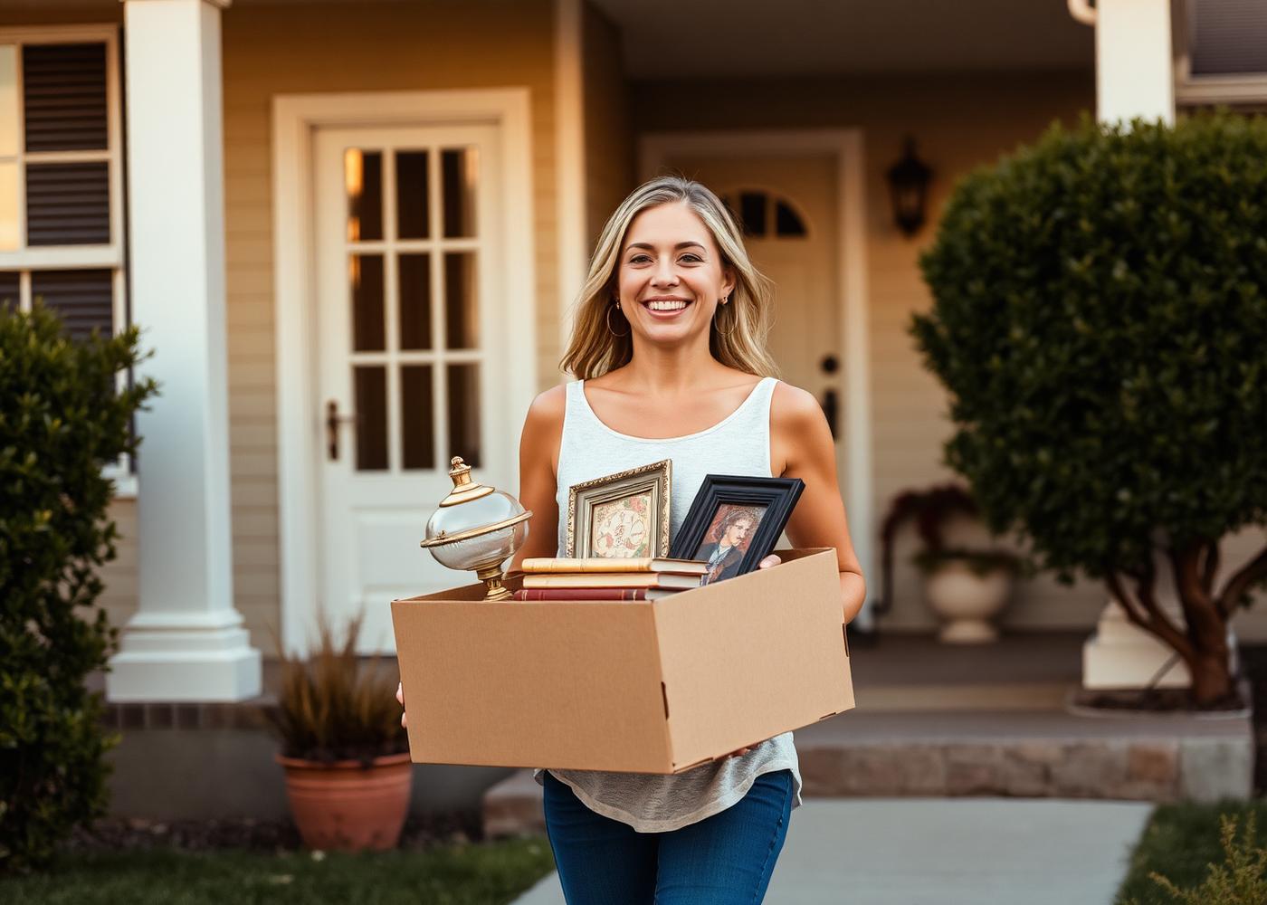 A happy shopper walking away from a house in golden light, carrying a box of vintage finds — a lamp, books, and a small framed picture.