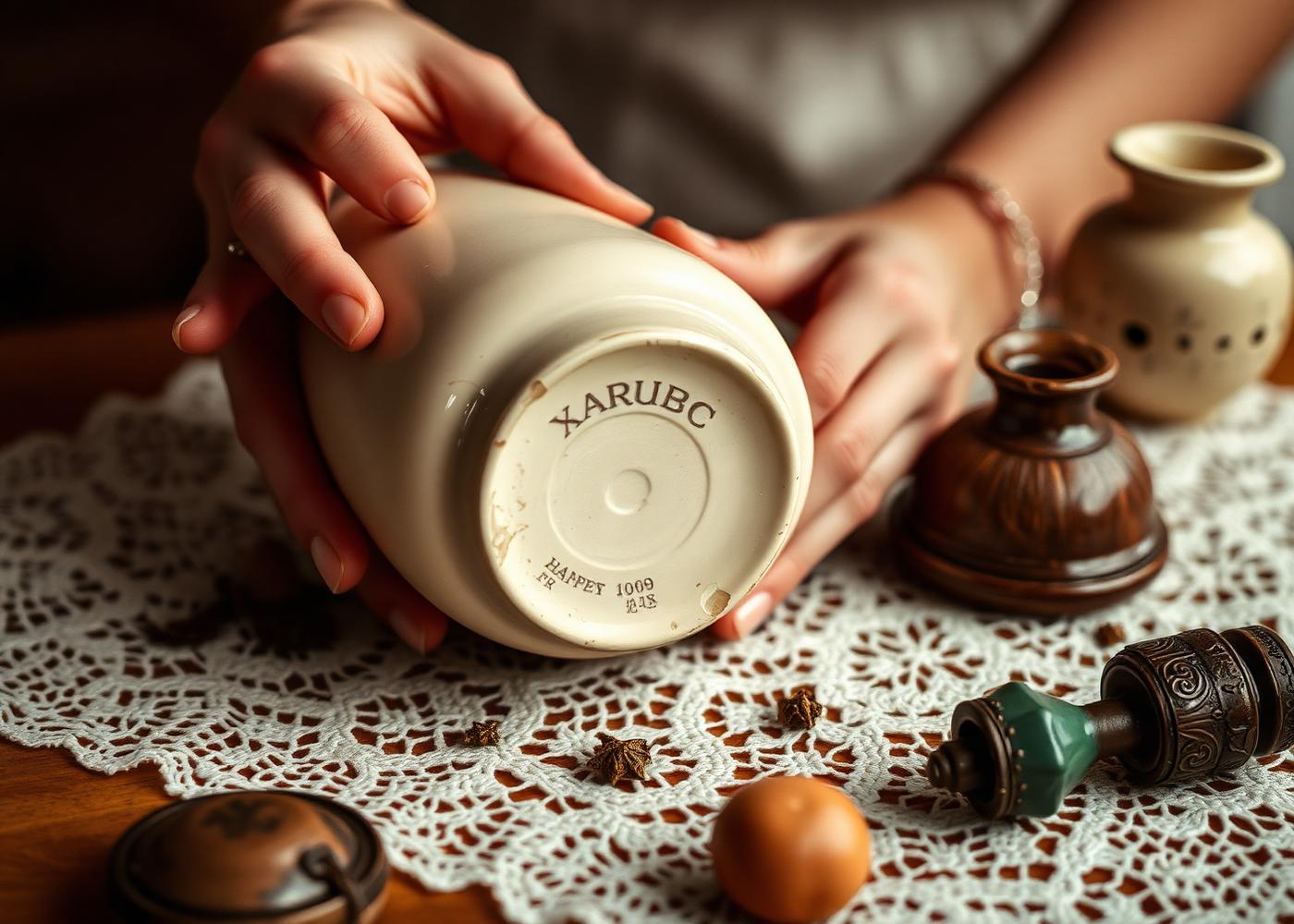 Close-up of hands gently turning over a vintage ceramic vase to check the maker's mark, surrounded by small treasures on a lace tablecloth.