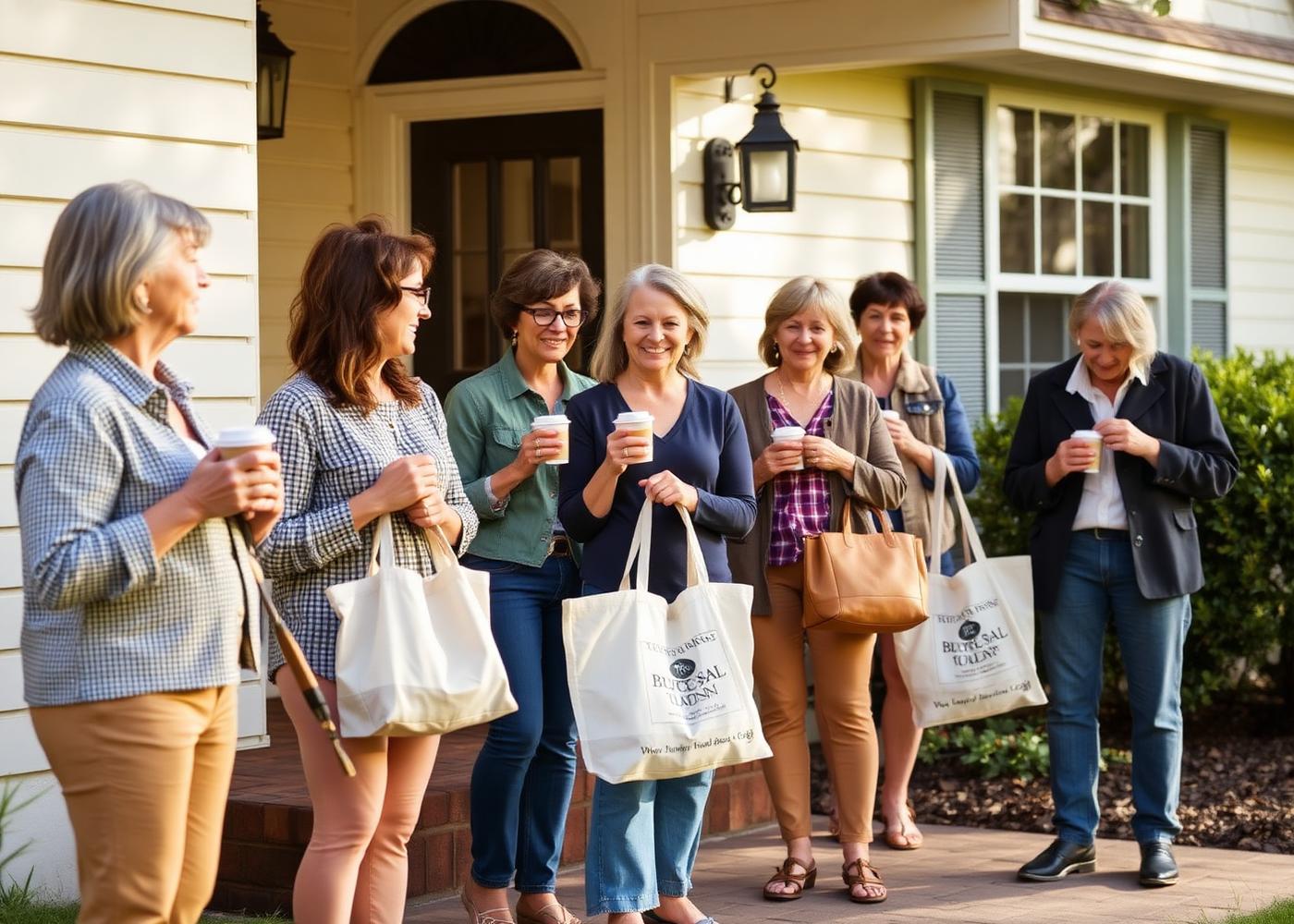 A small line of relaxed, friendly shoppers waiting outside a home on a sunny morning before an estate sale opens, holding tote bags and coffee.