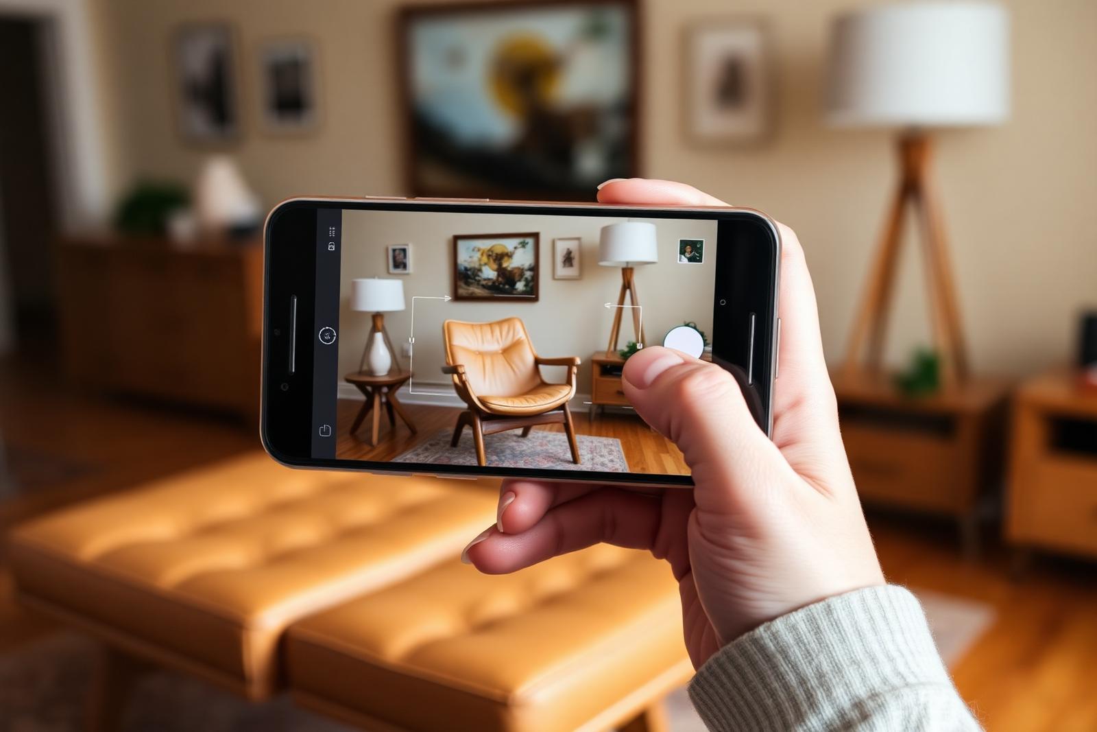 A hand holding a smartphone, using the camera to scan a genuine tan leather mid-century lounge chair in a warm living room.