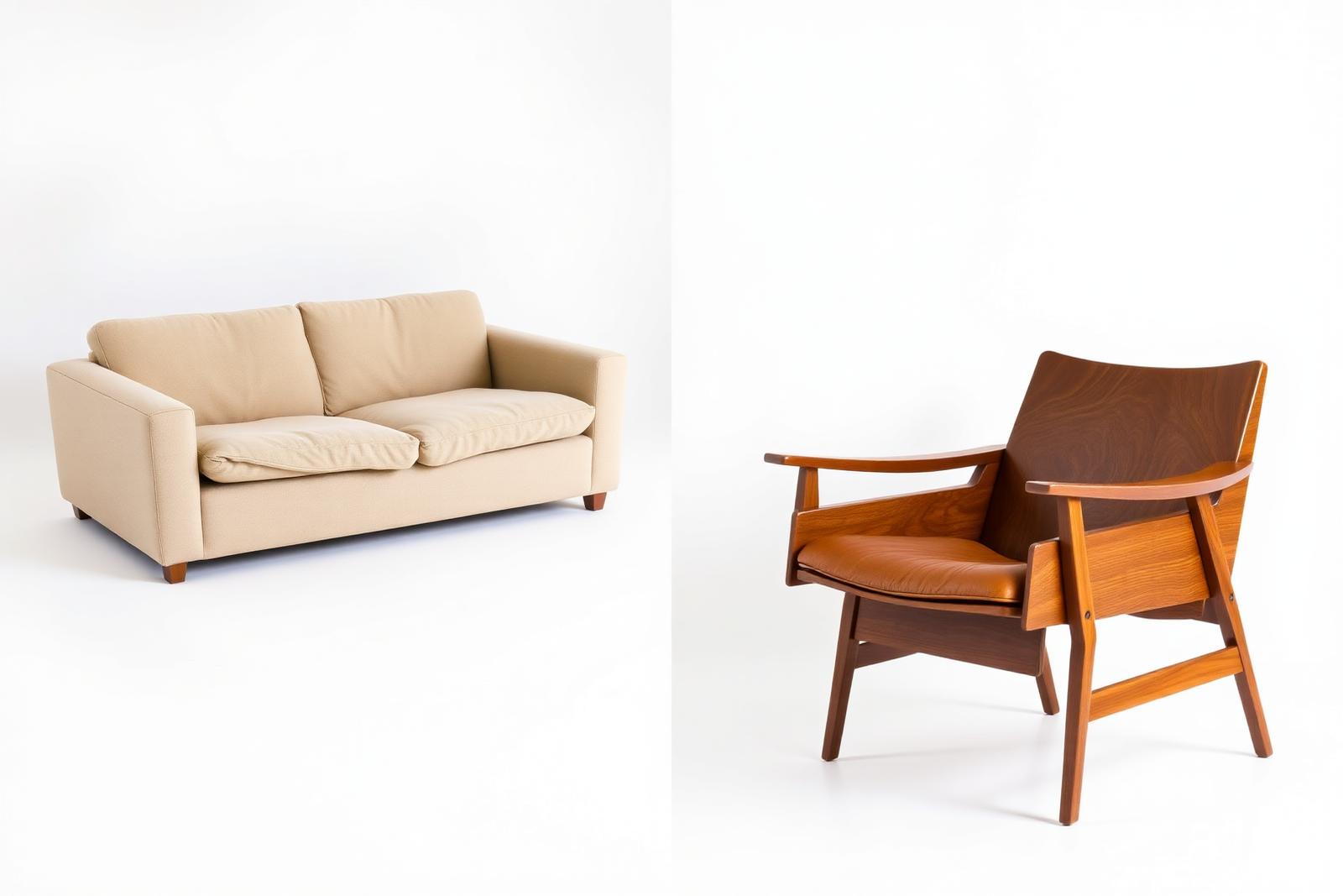 A cheap, sagging beige particleboard-frame sofa on the left next to a beautiful, sturdy solid walnut mid-century lounge chair on the right, on a clean white studio background.