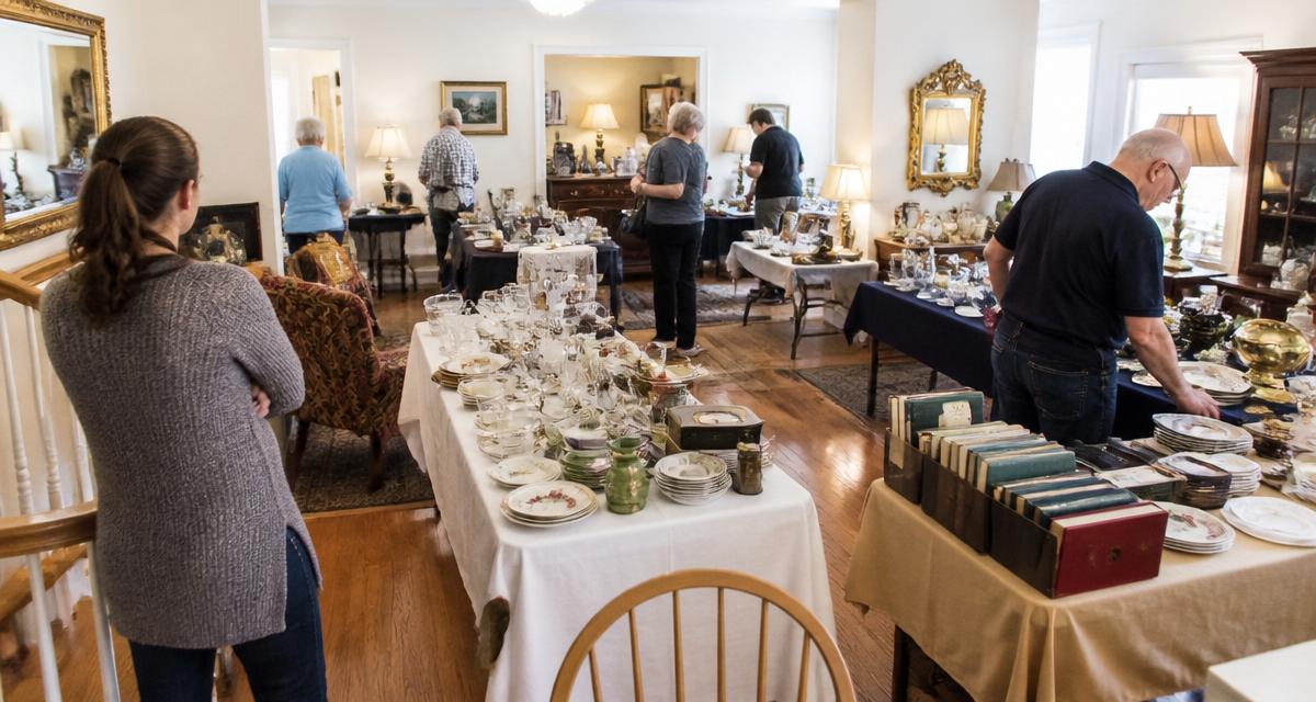 Honest shoppers browsing neatly grouped dishware and books at a well-organized estate sale inside a home, with staff calmly supervising