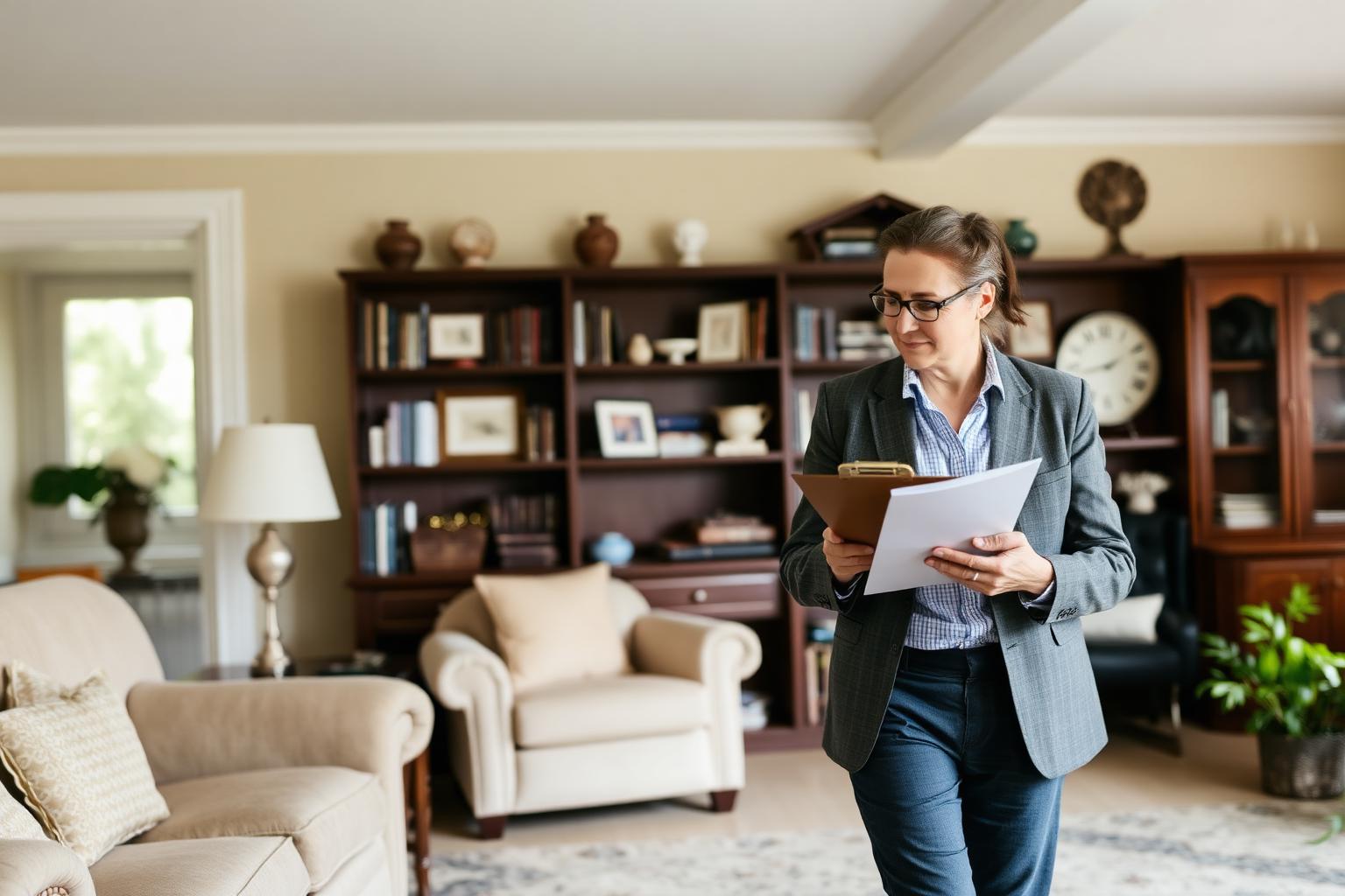 An estate sale company professional with a clipboard walking through a traditional home's living room, examining shelves of books and decorative items while taking notes.