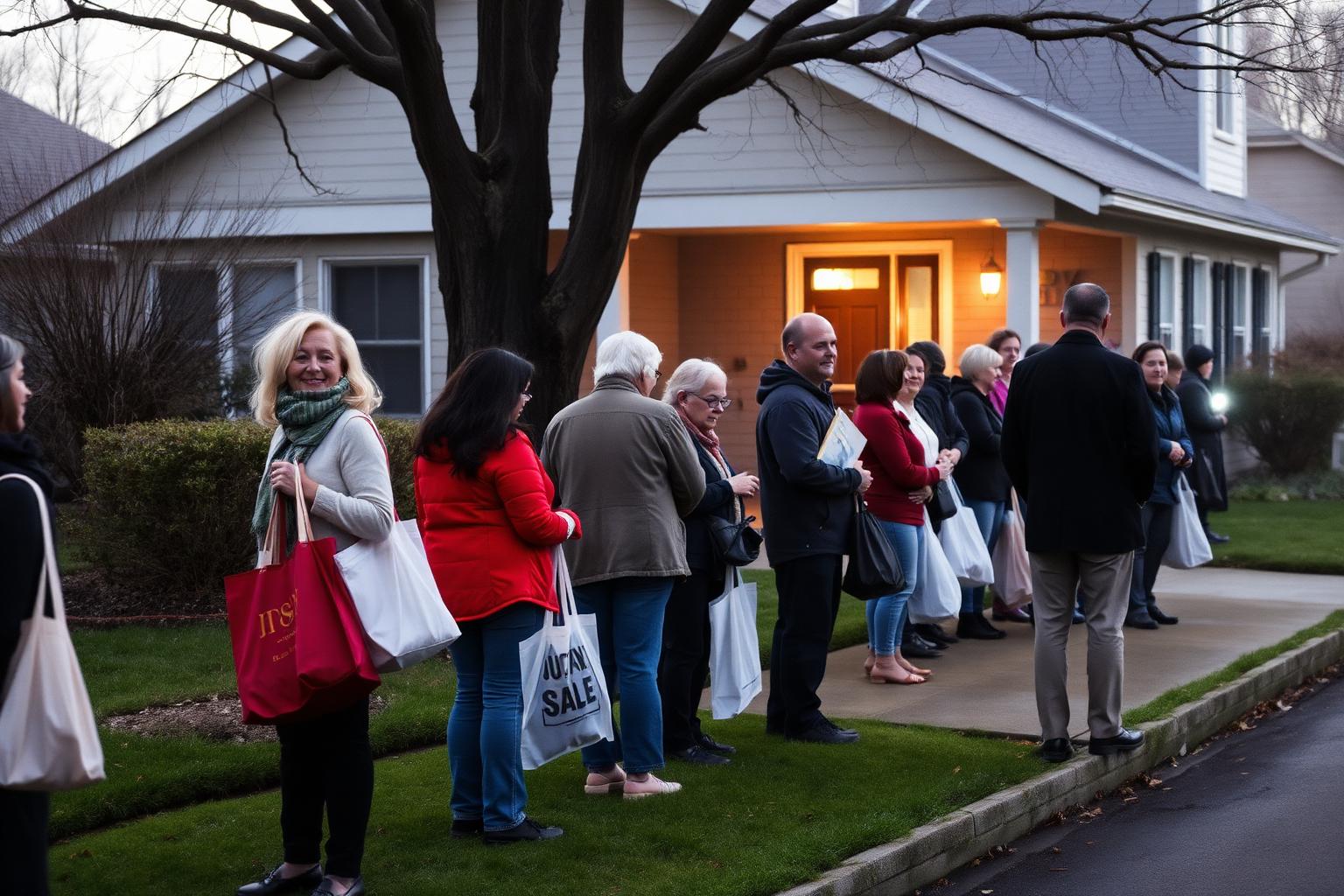 An early morning estate sale line — buyers waiting outside a suburban home before opening, some with tote bags and flashlights. Soft morning light, slight mist.