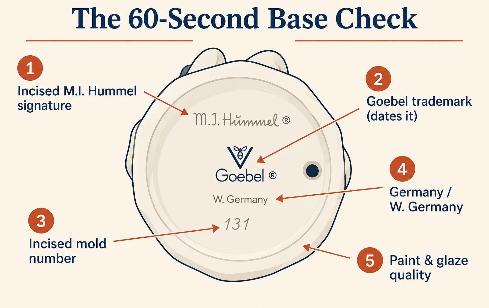 Labeled diagram of a figurine base showing the incised M.I. Hummel signature, the Goebel trademark, the incised mold number, the Germany mark, and paint quality