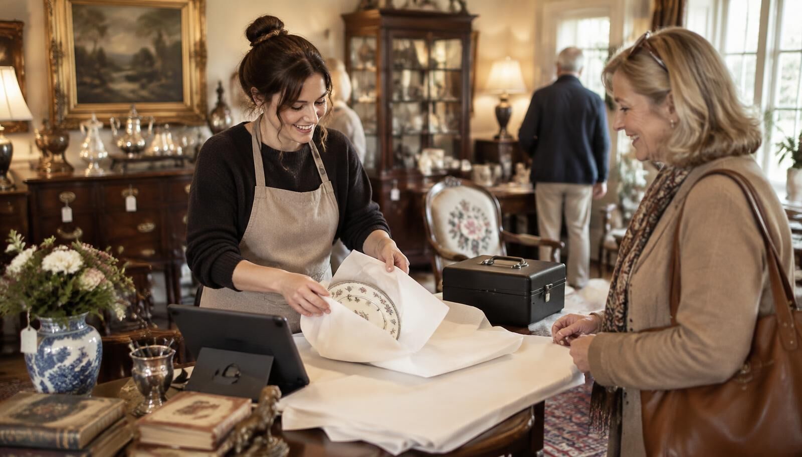 A friendly estate sale staff member wrapping a china plate for a smiling shopper at a checkout table with a tablet register