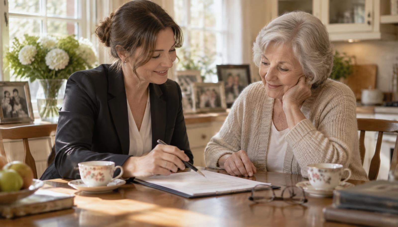 An estate sale professional reviewing a written agreement with an older homeowner at a kitchen table over tea