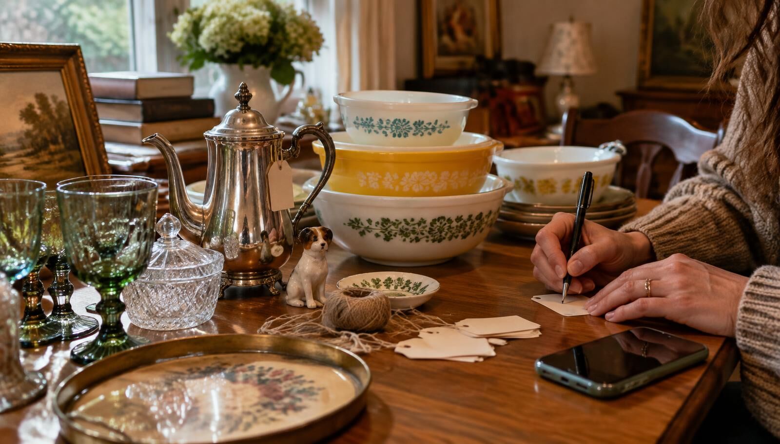 Hands writing paper price tags beside vintage Pyrex bowls, green glassware and a silver teapot
