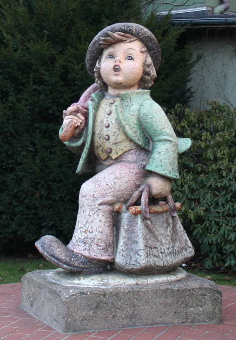 A large Hummel figurine sculpture outside the Goebel porcelain factory in Rödental, Germany, where M.I. Hummel figurines were produced