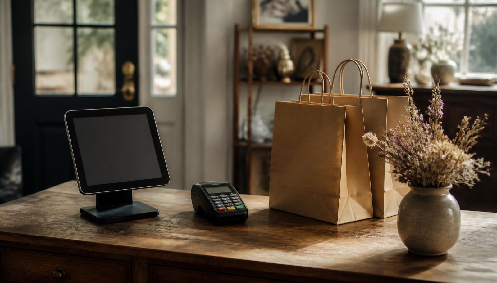 A calm checkout table — scan the tag, take the payment, the ledger updates itself