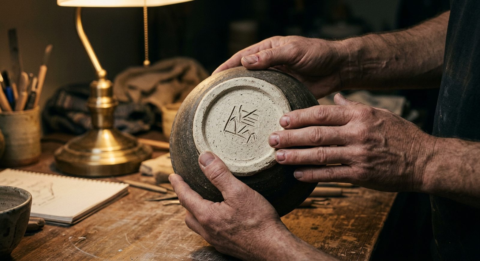 Hands flipping over a ceramic bowl to inspect the maker's mark on the bottom