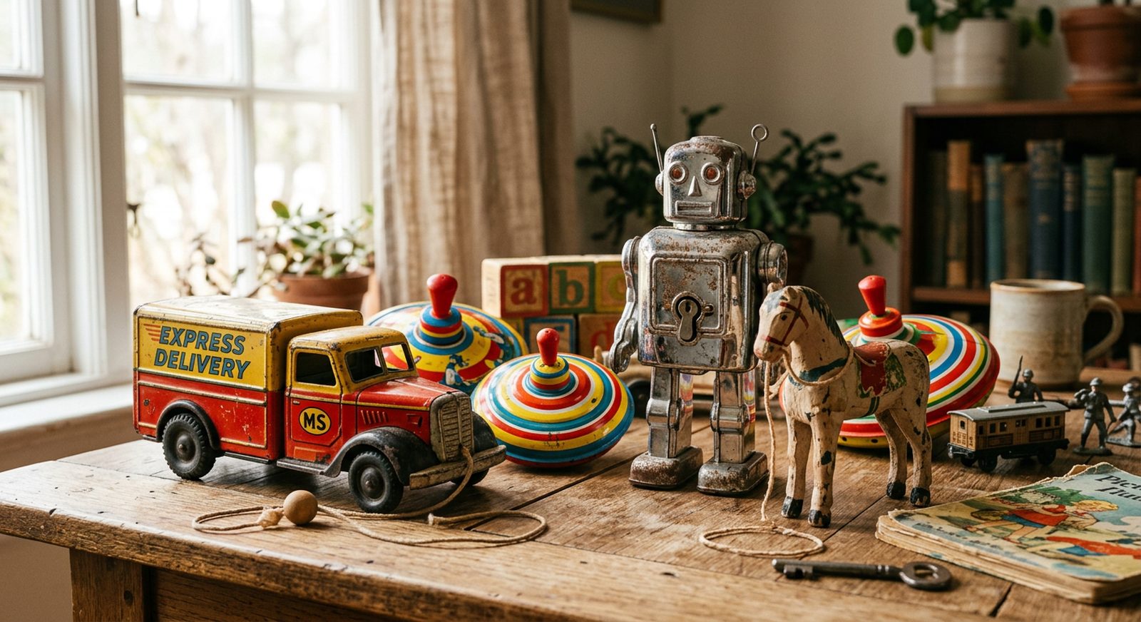 A tabletop scattered with vintage tin toys including a wind-up robot