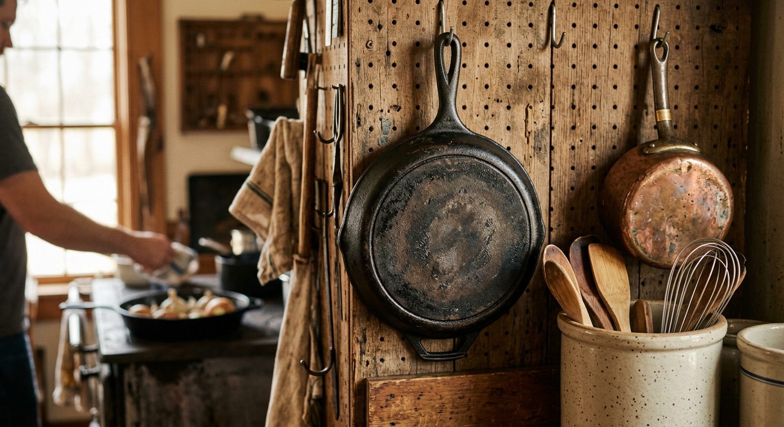 A heavy seasoned cast iron skillet hanging on a rustic kitchen pegboard