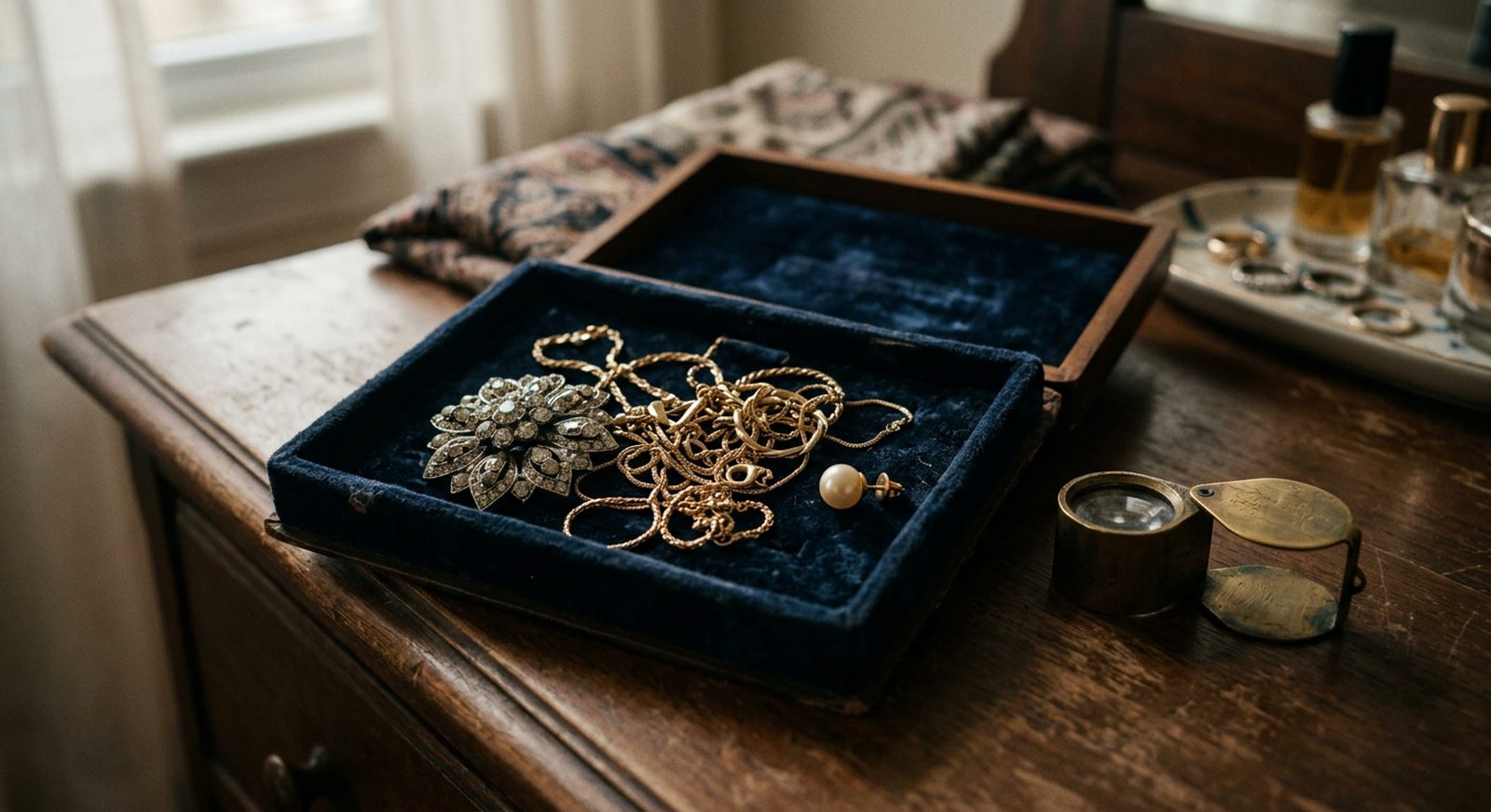 An open jewelry box on a dresser revealing tangled gold chains and a single pearl earring